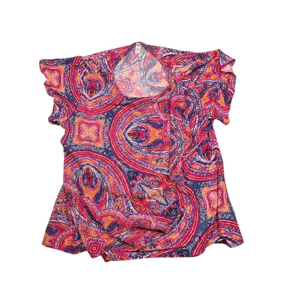 Dressbarn Blouse Womens 1X Pink Paisley Flutter Sleeve‎ Knit Polyester Spandex
